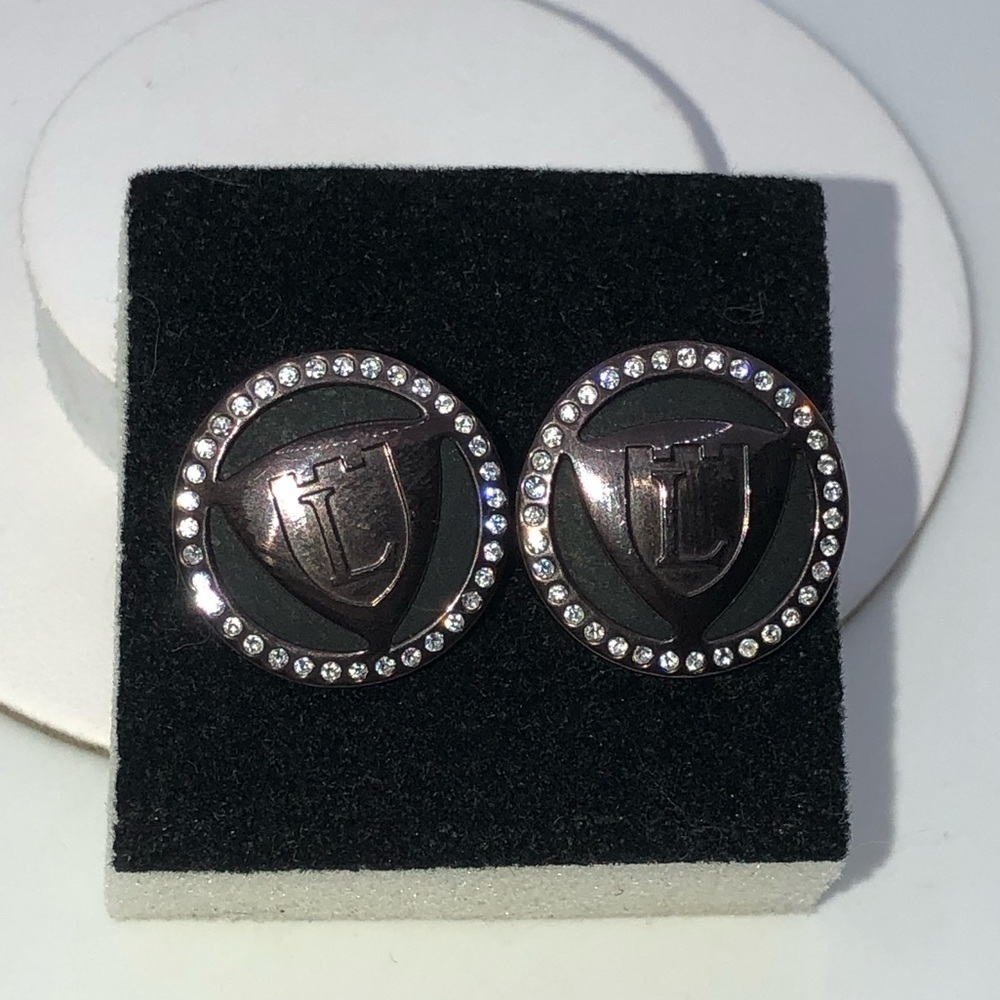 Lancaster Italy Castel Letter L Logo Dark Brown Tone CZ Halo Cufflinks .7”
